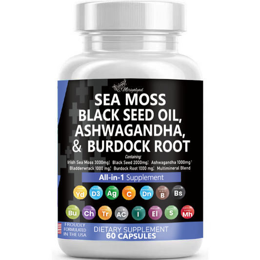 Miriyalyad™-Sea Moss 3000mg Black Seed Oil 2000mg Ashwagandha 1000mg Turmeric 1000mg Bladderwrack 1000mg Burdock 1000mg & Vitamin C & D3 with Elderberry Manuka Dandelion Yellow Dock Iodine Chlorophyll ACV