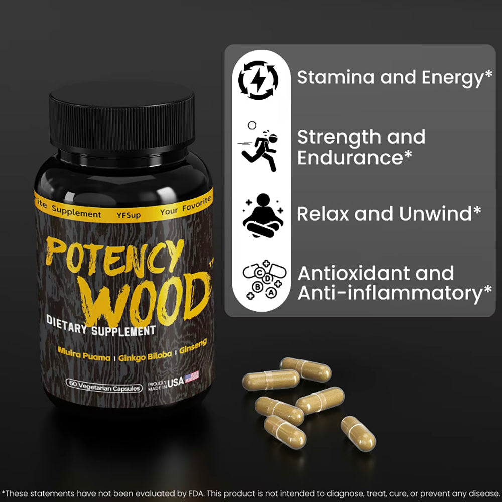 Potency Wood Energy Stamina SupplementsGinseng Ashwagandha Gingko Tribulus, Adaptogen,Brain, lmmune Health,  Antioxidants,Anti-imflammation