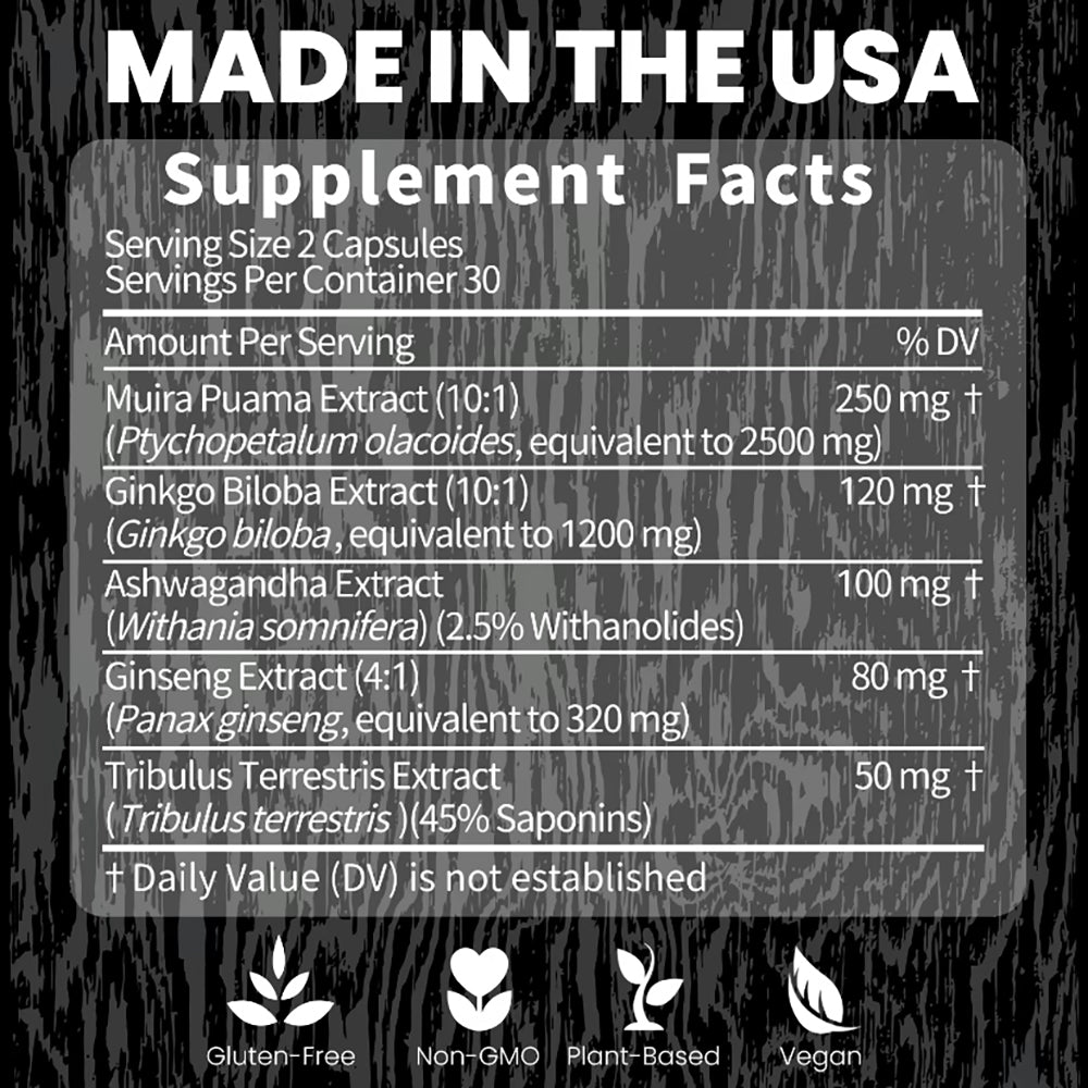 Potency Wood Energy Stamina SupplementsGinseng Ashwagandha Gingko Tribulus, Adaptogen,Brain, lmmune Health,  Antioxidants,Anti-imflammation