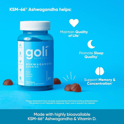 3 Bottles of Goli Ashwagandha & Vitamin DGummy -Mixed Berry, KSM-66, Vegan, PlantBased, Non-GMO, Gluten & Gelatin Free
