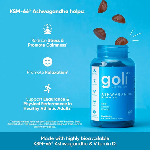 3 Bottles of Goli Ashwagandha & Vitamin DGummy -Mixed Berry, KSM-66, Vegan, PlantBased, Non-GMO, Gluten & Gelatin Free