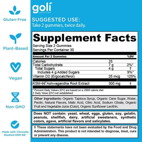 3 Bottles of Goli Ashwagandha & Vitamin DGummy -Mixed Berry, KSM-66, Vegan, PlantBased, Non-GMO, Gluten & Gelatin Free