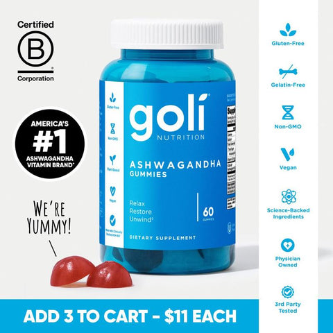 3 Bottles of Goli Ashwagandha & Vitamin DGummy -Mixed Berry, KSM-66, Vegan, PlantBased, Non-GMO, Gluten & Gelatin Free